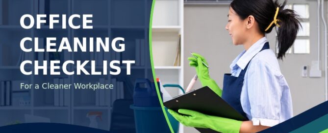 Professional cleaning team following an office cleaning checklist in a bright workplace.